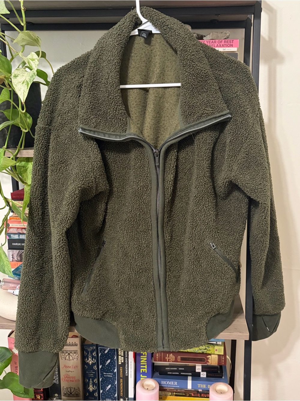 Olive Green Sherpa Zip-Up Jacket